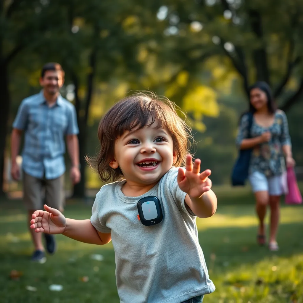 A photorealistic image of a child playing happily in a park with their family. The child is wearing a medical device, such as a pacemaker, but is enjoying their day without any limitations. The image should convey a sense of joy, freedom, and support.