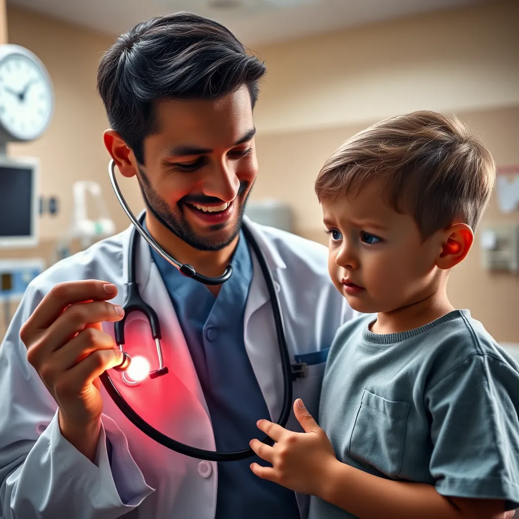 A photorealistic image of a smiling pediatrician holding a stethoscope and examining a young child's heart with a concerned expression. The background should be a hospital room with medical equipment.