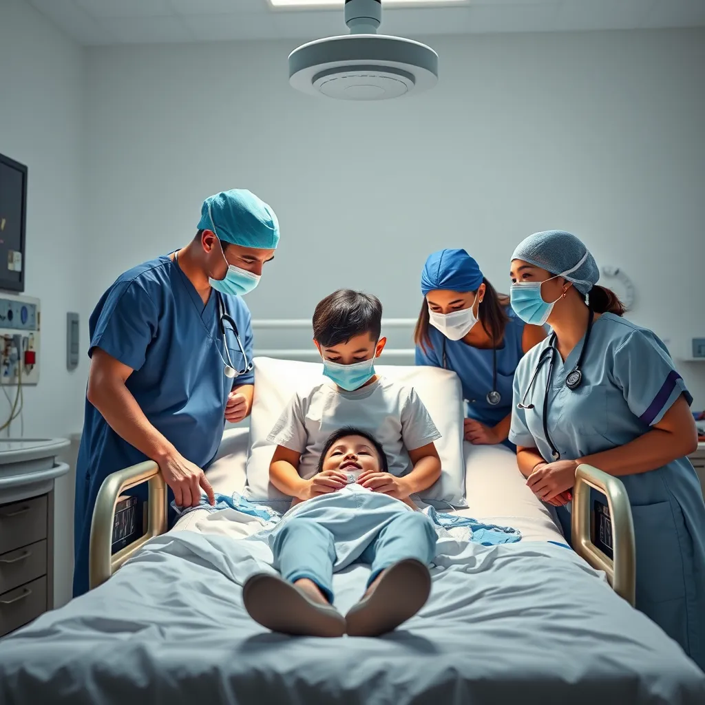 A photorealistic image of a team of pediatric healthcare professionals gathered around a child in a hospital room. The team includes a cardiologist, a surgeon, a nurse, and a child psychologist. The image should depict a collaborative and supportive environment.