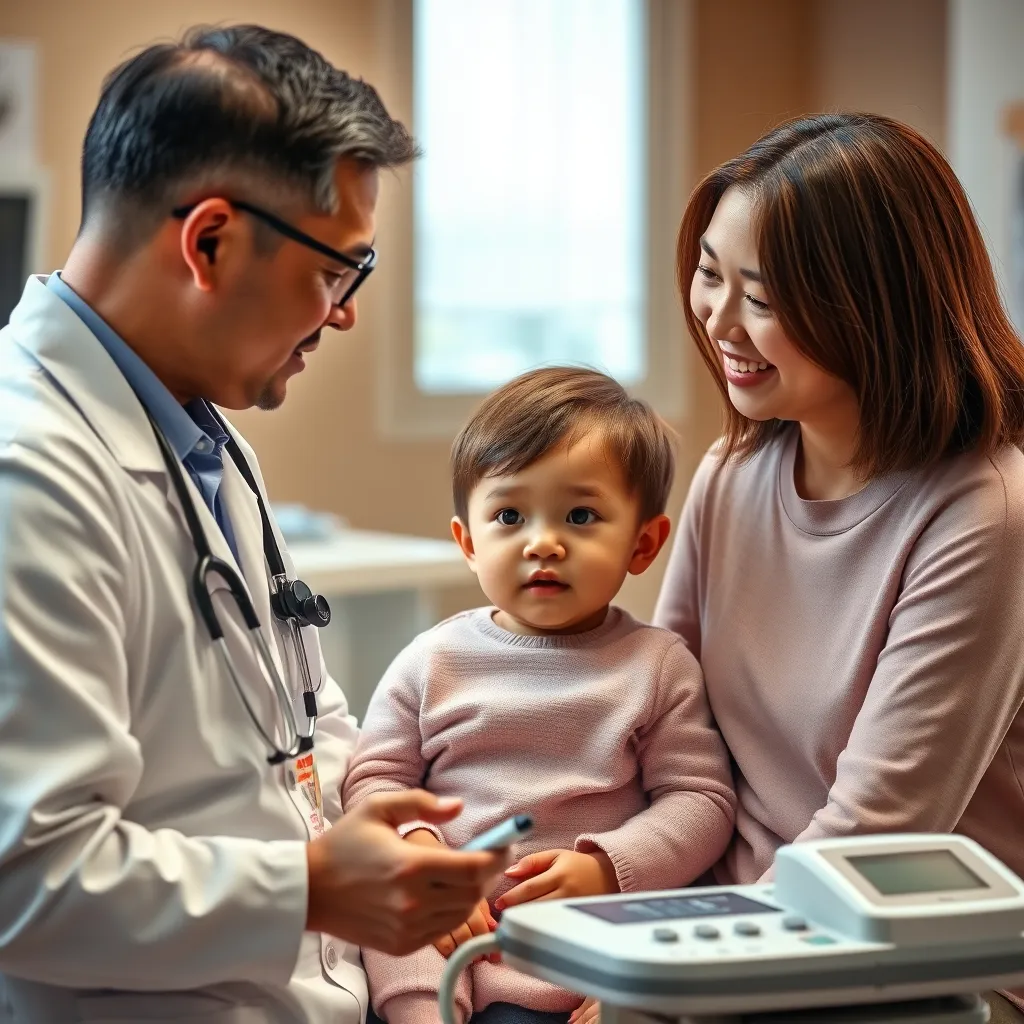 A photorealistic image showing a pediatric cardiologist interacting with a child and their family. The scene should be warm and comforting, with the cardiologist explaining medical information and providing support to the child and their parents. The image could include medical equipment, such as an electrocardiogram (ECG) machine, to represent the specialized nature of the care.