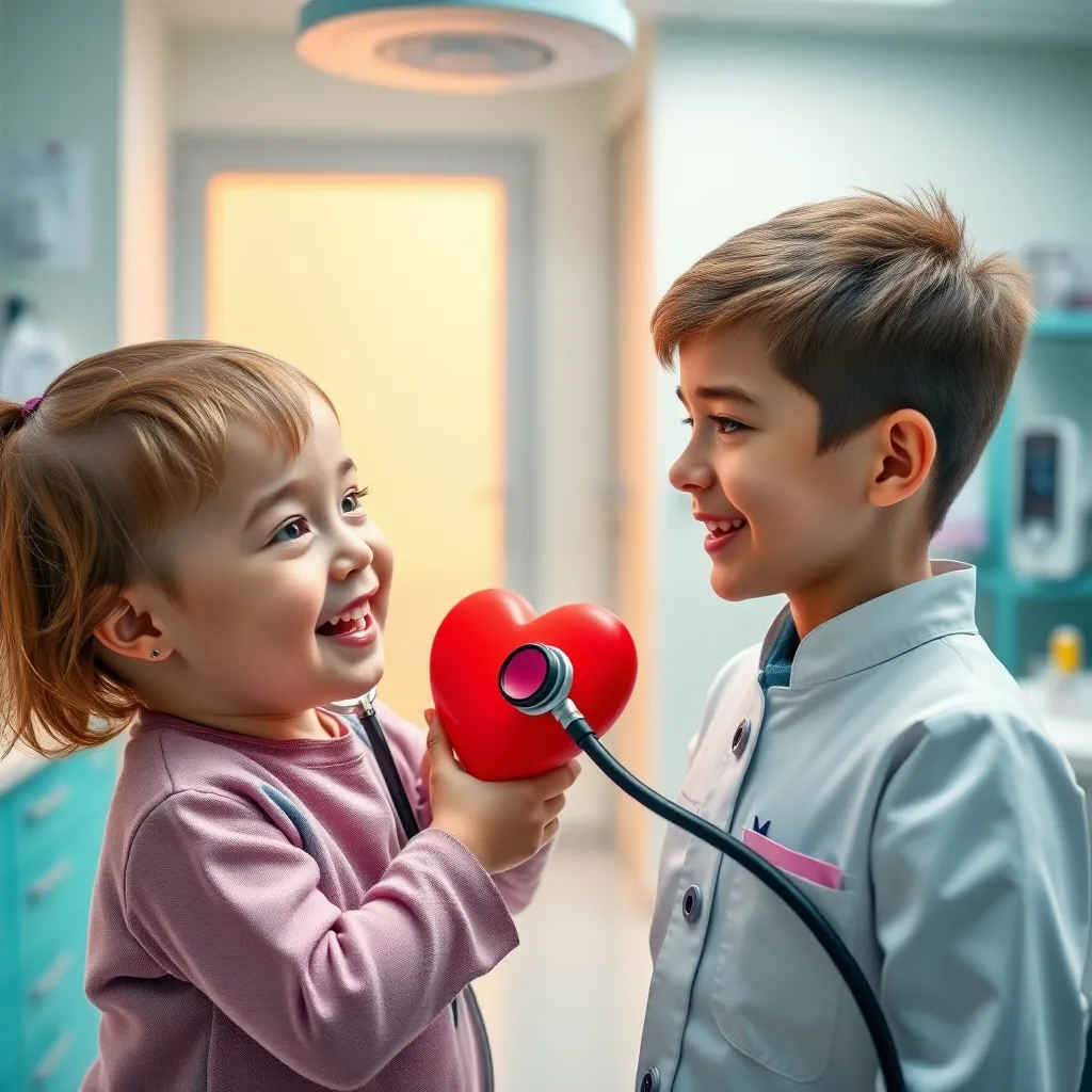 A smiling pediatrician examining a happy child's heart with a stethoscope, surrounded by colorful medical equipment, in a bright and welcoming clinic setting.