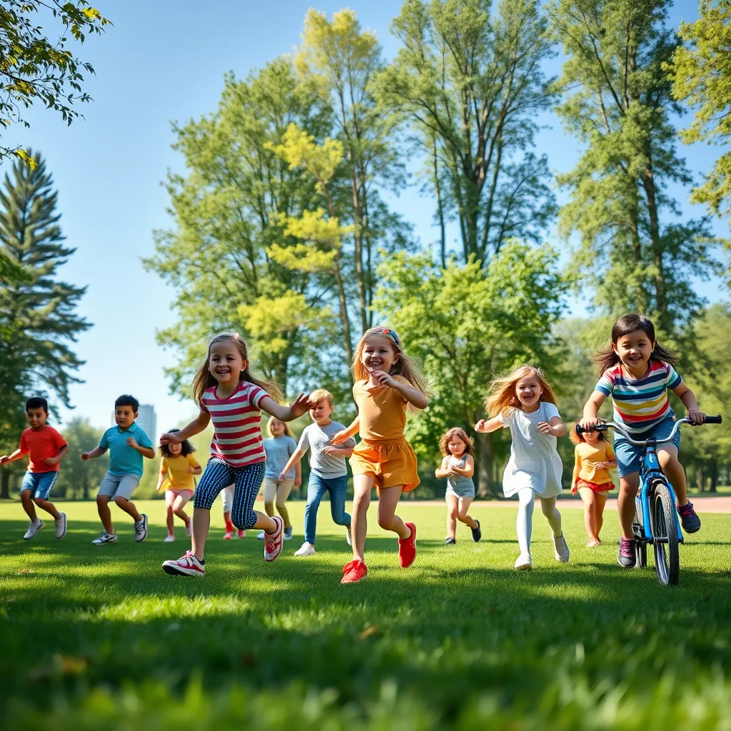 A vibrant and cheerful image of a group of children of various ages participating in a heart-healthy activity outdoors. The image should feature a mix of children engaging in fun activities like jumping rope, playing tag, and riding bikes. The background should be a lush park with green grass, tall trees, and a bright blue sky. The lighting should be natural and bright, with a soft, diffused glow. The image should be composed with a dynamic perspective, capturing the energy and excitement of the children. The camera angle should be low, giving a child's eye view of the scene.  The image should evoke a sense of joy, movement, and positive energy.
