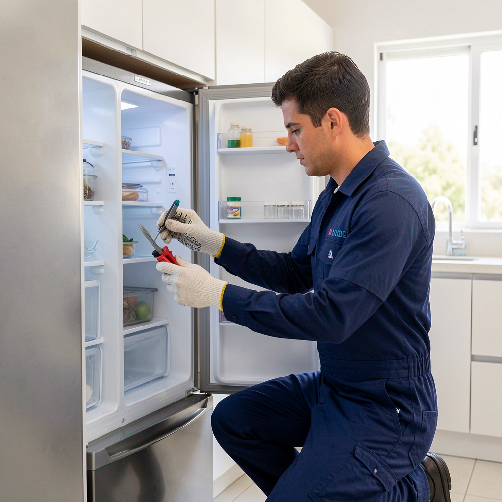 Técnico consertando geladeira