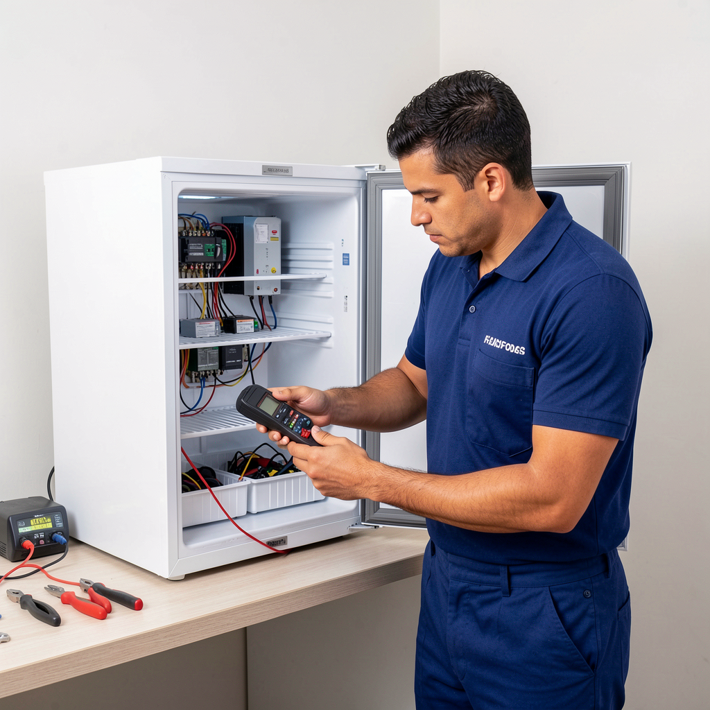 Técnico diagnosticando freezer