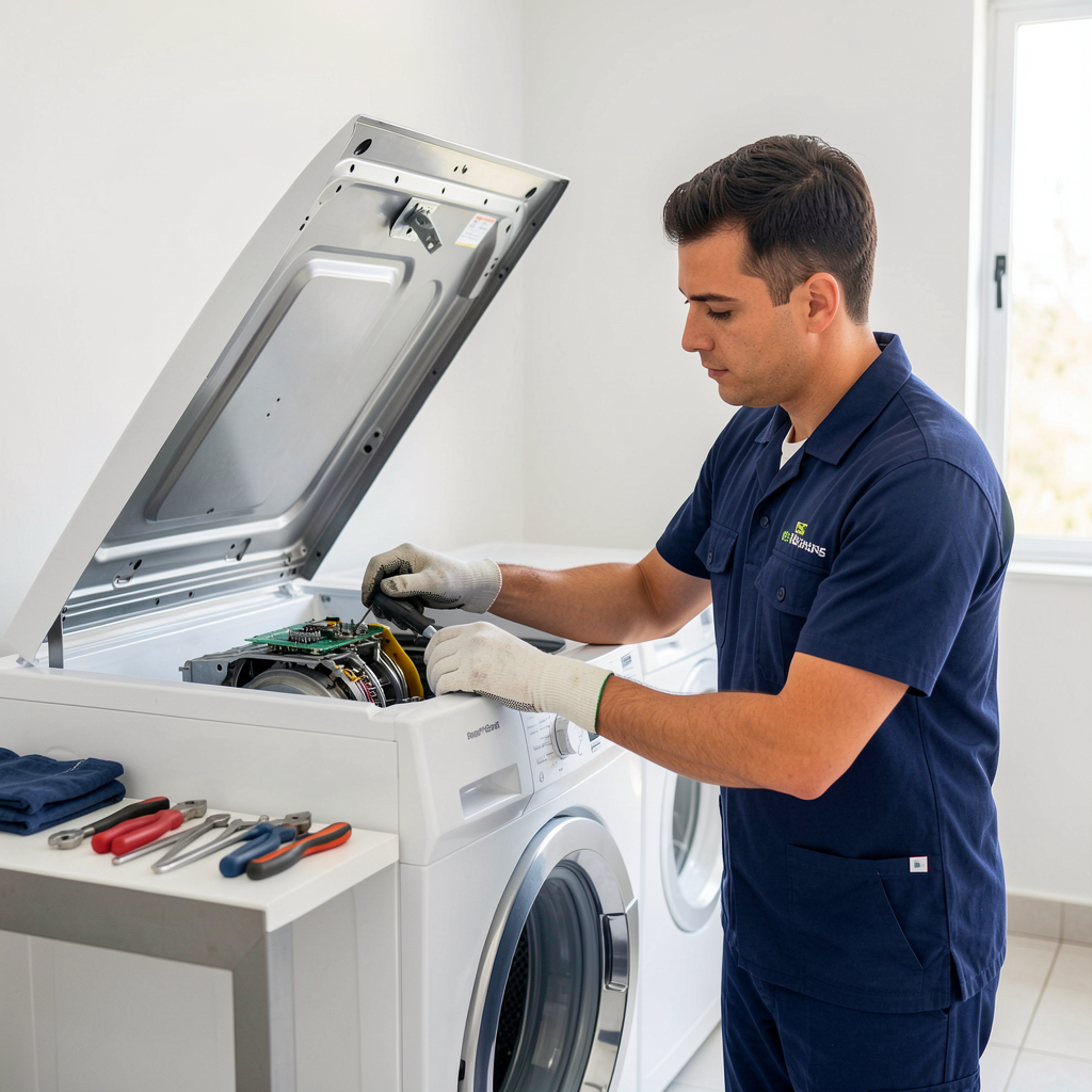 Técnico reparando máquina de lavar