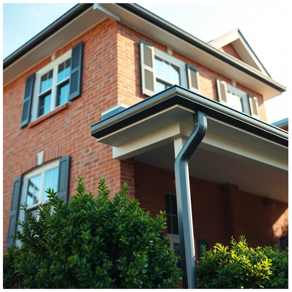 A photorealistic image of a two-story house with a newly installed gutter system. The image should be taken from a low angle, showcasing the entire length of the gutter system. The gutters should be a sleek, modern design, with a dark grey finish. The house should have a classic brick exterior, with lush green landscaping around the base. Soft, natural light should illuminate the scene, casting long shadows that highlight the details of the gutters. The image should have a high level of detail, showcasing the seamless integration of the gutters with the house and landscaping. The composition should be balanced and visually appealing, with a strong emphasis on the quality and craftsmanship of the gutter installation. Render this image in 8K resolution, with hyperrealistic detail and vibrant colors.