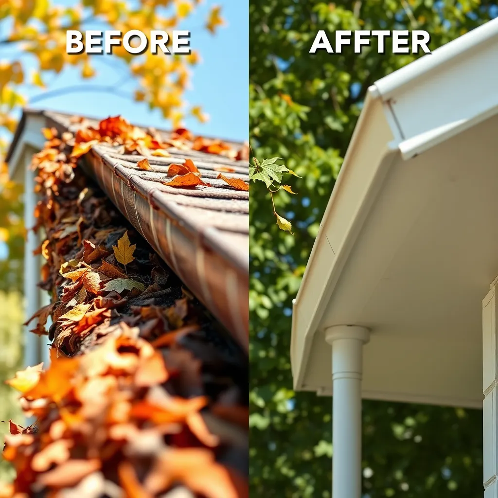 An image showcasing the before and after of a gutter cleaning service. The image should be split into two sections: on the left, a close-up shot of a clogged gutter overflowing with leaves and debris, and on the right, a clean, empty gutter with a clear view of the downspout. The image should be taken on a bright, sunny day, with natural light illuminating the scene. The gutters should be made of a durable material, with a slight patina from age. The leaves and debris should be a mix of autumn colors, adding a touch of seasonal beauty to the scene. The image should have a high level of detail, showcasing the contrast between the dirty and clean gutters. The composition should be visually striking, with a clear message about the benefits of gutter cleaning.