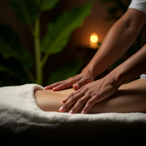 Generate a photorealistic, ultra-high definition (8K resolution) header image for a massage therapy business called "Tree's Touch Relaxation" located in Georgetown, Guyana.  The image should feature a serene and calming atmosphere. The main focus should be on a pair of hands gently kneading the shoulder and neck area of a client. The client should be subtly visible, only showing their upper back and shoulders, draped in a soft, white towel. The therapist's hands should be expertly positioned, highlighting the professional nature of the massage. The lighting should be soft, natural, and warm, mimicking the golden hour light, casting gentle shadows. The color palette should be composed of calming earth tones, incorporating greens (evoking the "Tree's Touch" theme) , creams, and browns. The mood should be one of tranquility and relaxation. The camera angle should be a slightly elevated, close-up shot, from approximately a 45-degree angle,  emphasizing the hands and the massage movement. The texture of the therapist’s hands should be visible, appearing smooth and capable. The towel should be soft and plush-looking. The background should be softly blurred, showcasing a hint of lush tropical greenery suggestive of Guyana. The overall style should emulate high-end spa photography, aiming for a hyperrealistic render. Include subtle bokeh effects to enhance the depth of field and create a professional, polished look, similar to the work of renowned photographers specializing in luxury spa and wellness imagery. Add a few strategically placed, out-of-focus tropical plants as background elements to reinforce the connection with Guyana's natural beauty. The image should evoke a sense of peace and luxury, conveying the quality and professionalism of Tree's Touch Relaxation., ultra high resolution, photorealistic, 8K, hyperdetailed, cinematic lighting