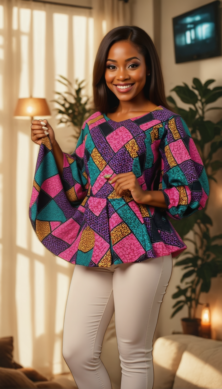 A woman wearing a comfortable yet stylish African print dress, walking through a bustling marketplace. The dress features vibrant colors and intricate patterns. Natural light illuminates the scene, creating a sense of energy and excitement. The camera angle is medium, capturing the full dress and the surrounding environment. Style reference: documentary-style photography with a focus on everyday life and culture. Technical specs: 4K resolution, vivid details.