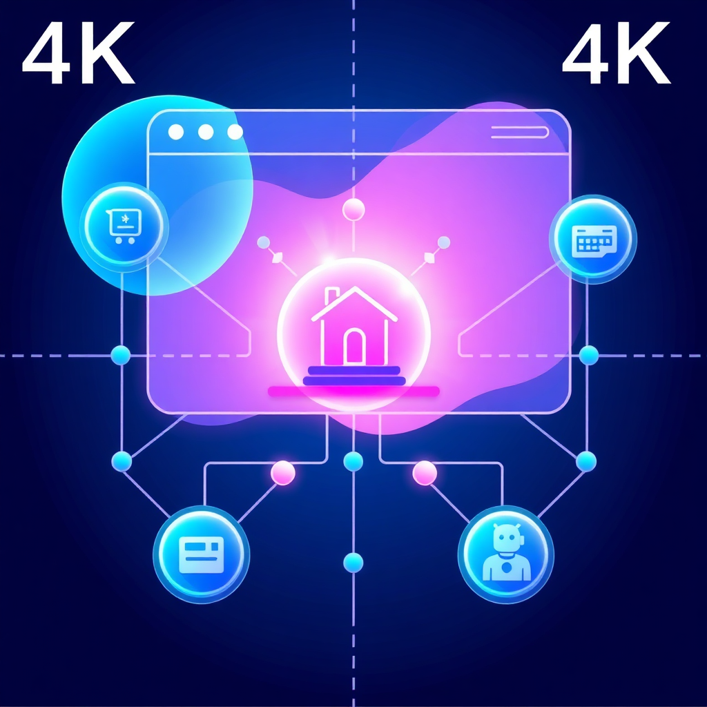 A 4K, high-quality image showcasing a stylized representation of a website being built. The scene involves abstract shapes and interconnected lines forming a dynamic website structure. A central, glowing icon symbolizes a thriving business, surrounded by smaller icons representing different web services like responsive design, e-commerce, hosting, and chatbots. The color palette is vibrant, with blues, purples, and pinks dominating the scene. The camera angle is a slightly overhead, showcasing the interconnectedness of all the elements. Style reference: blends elements of abstract art and technological design, reminiscent of modern UI/UX illustrations.