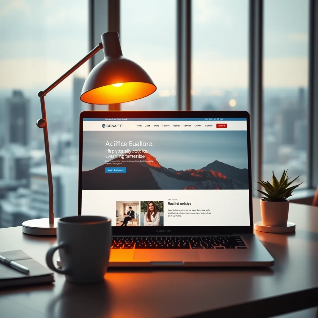 A captivating image of a sleek and modern website on a laptop screen, bathed in warm, golden light emanating from a nearby lamp. The website is visually appealing, featuring high-quality photography and a clean, user-friendly design. The laptop is positioned on a desk in a well-lit office space, with a panoramic city view visible through the window. The desk is minimalist and organized, with a cup of coffee, a notebook, and a potted plant adding touches of personality. The image should be captured from a slightly elevated angle, showcasing the website's design and functionality. The overall mood is one of professionalism, creativity, and innovation.  The image should be rendered in a photorealistic style, with a focus on the details of the website design, the laptop's sleek aesthetic, and the surrounding office environment. The image should evoke a sense of sophistication and elegance, reflecting the quality of the web design services offered by BLENAT INC.