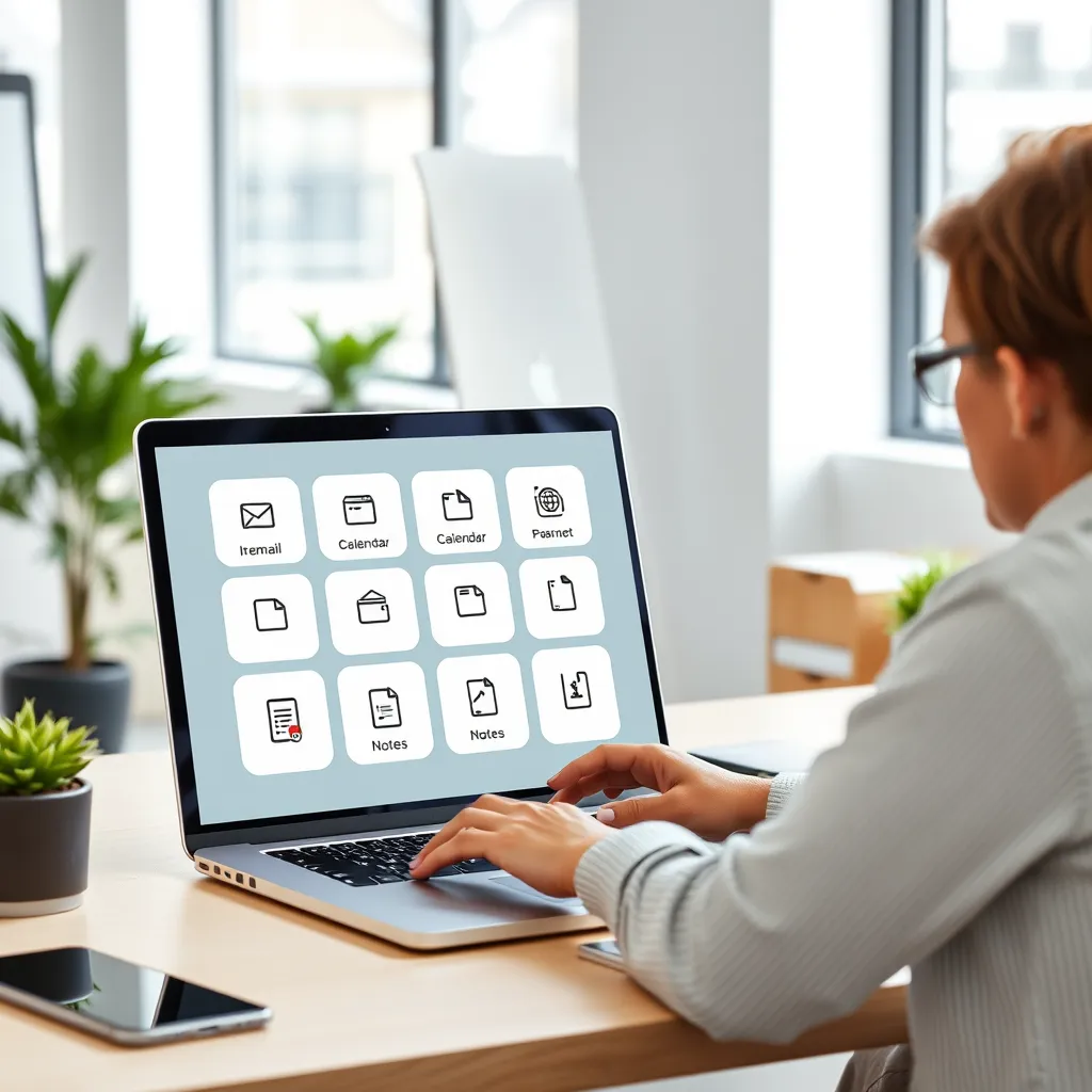 A clean and modern office workspace with a laptop displaying a sleek, minimalist app interface that shows various icons for tasks like email, calendar, notes, and file management. The workspace should be brightly lit with natural light and feature a person using the app with a relaxed and efficient expression.