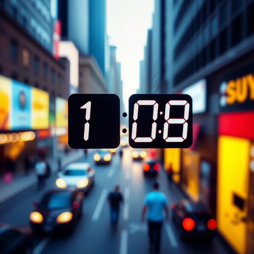 A close-up image of a countdown timer on a computer screen. The timer is rapidly ticking down, creating a sense of urgency. The background should be a blurred image of a busy city street, symbolizing the fast-paced nature of opportunity.