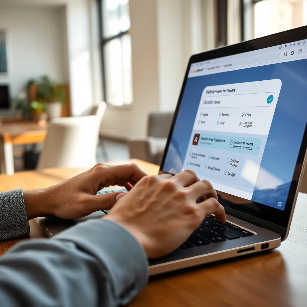 A close-up shot of a hand typing a domain name into a search bar on a laptop. The screen should display a website registration page with various domain extensions available. The laptop is positioned on a wooden desk in a contemporary office space. Natural light streams through a window, casting soft shadows on the desk and keyboard. The image should exude a sense of efficiency and professionalism, reflecting the ease and security of domain name registration with Blenat INC. Capture the image in 8K resolution with a focus on the hands and the laptop screen, highlighting the details of the registration process. The overall mood should be calm, reassuring, and empowering, emphasizing the value of a strong online presence.