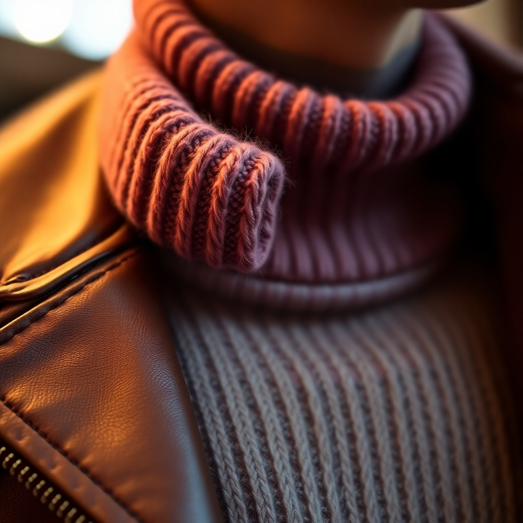 A close-up shot of a high-quality garment (e.g., a cashmere sweater or a leather jacket) showcasing the fine details and luxurious texture. The lighting is soft and warm, emphasizing the premium quality of the material. The background is blurred to keep the focus on the garment.