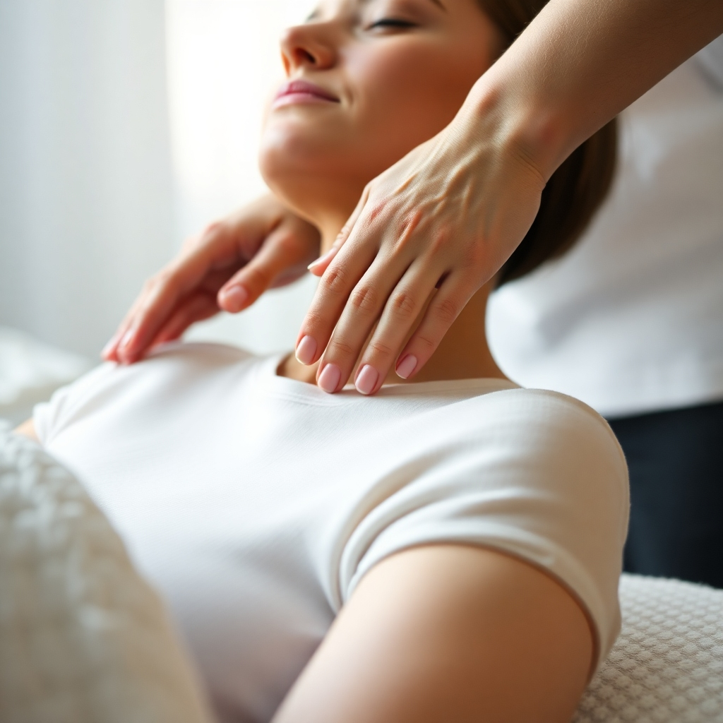 A close-up shot of a therapist's hands gently kneading the shoulders of a client. Focus on the therapist's hands and the client's relaxed expression. The setting should be serene and calming, with soft lighting and neutral colors.  High-resolution, photorealistic image.