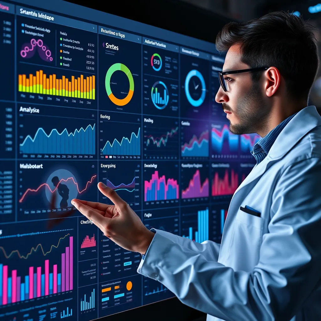 A data scientist analyzing a dashboard filled with charts and graphs visualizing data from various applications like a mobile app, website, and chatbot. The scientist is using a large touch screen and wearing modern attire, emphasizing data visualization and analysis.
