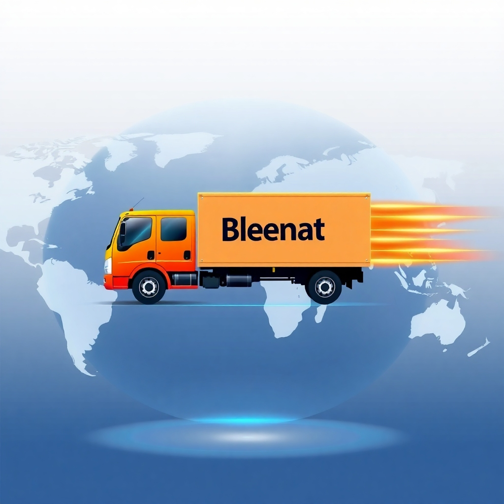 A delivery truck speeding across a stylized world map, symbolizing fast and efficient global shipping. The truck is brightly colored and branded with the Blenat logo. The map is clean and modern, with glowing lines connecting various cities and countries.