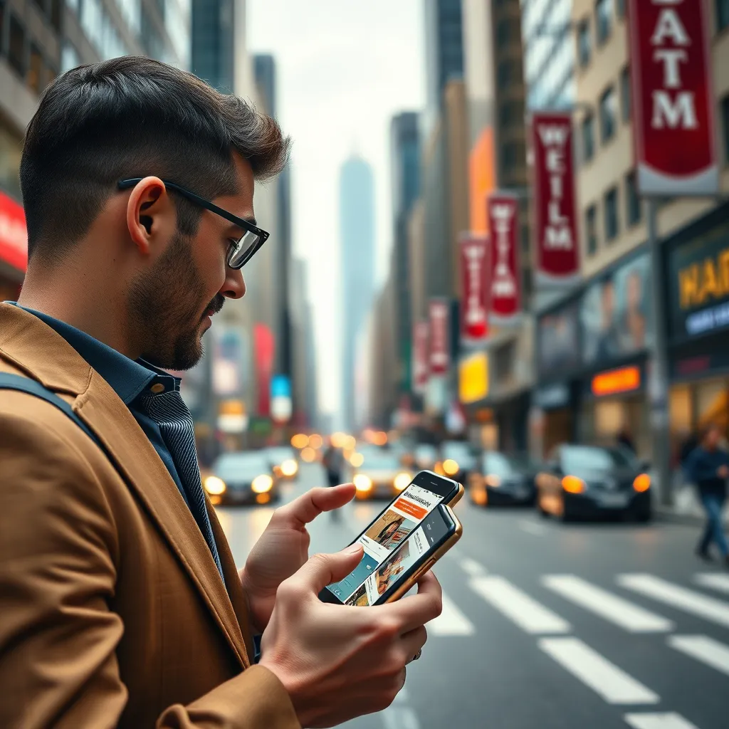A dynamic image of a business owner using a smartphone to browse a website on a busy city street. The website should be visually appealing and professional, showcasing the company's brand. The background should be a bustling cityscape with a sense of energy and opportunity.