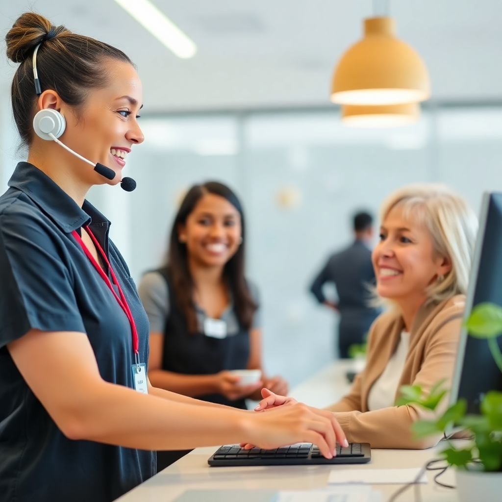 A friendly and helpful customer service representative assisting a happy customer. The environment is bright and welcoming, conveying a sense of care and support. The overall message is that Blenat values customer satisfaction above all else.