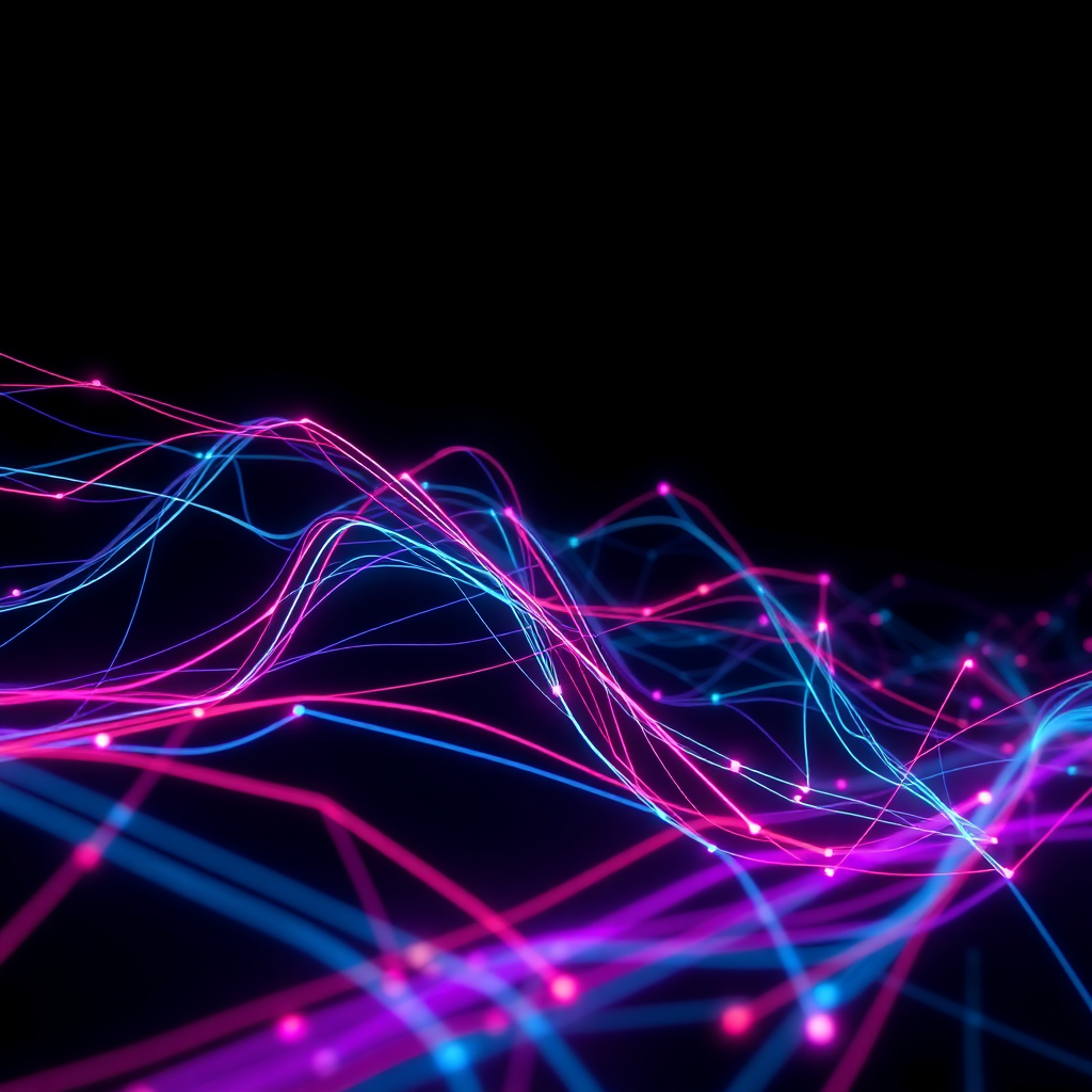 A futuristic and abstract representation of lines of code forming a dynamic and interconnected web. The image should convey the sense of a powerful and sophisticated technological infrastructure. Use a dark background with neon-colored lines to highlight the code. Resolution: 4K.