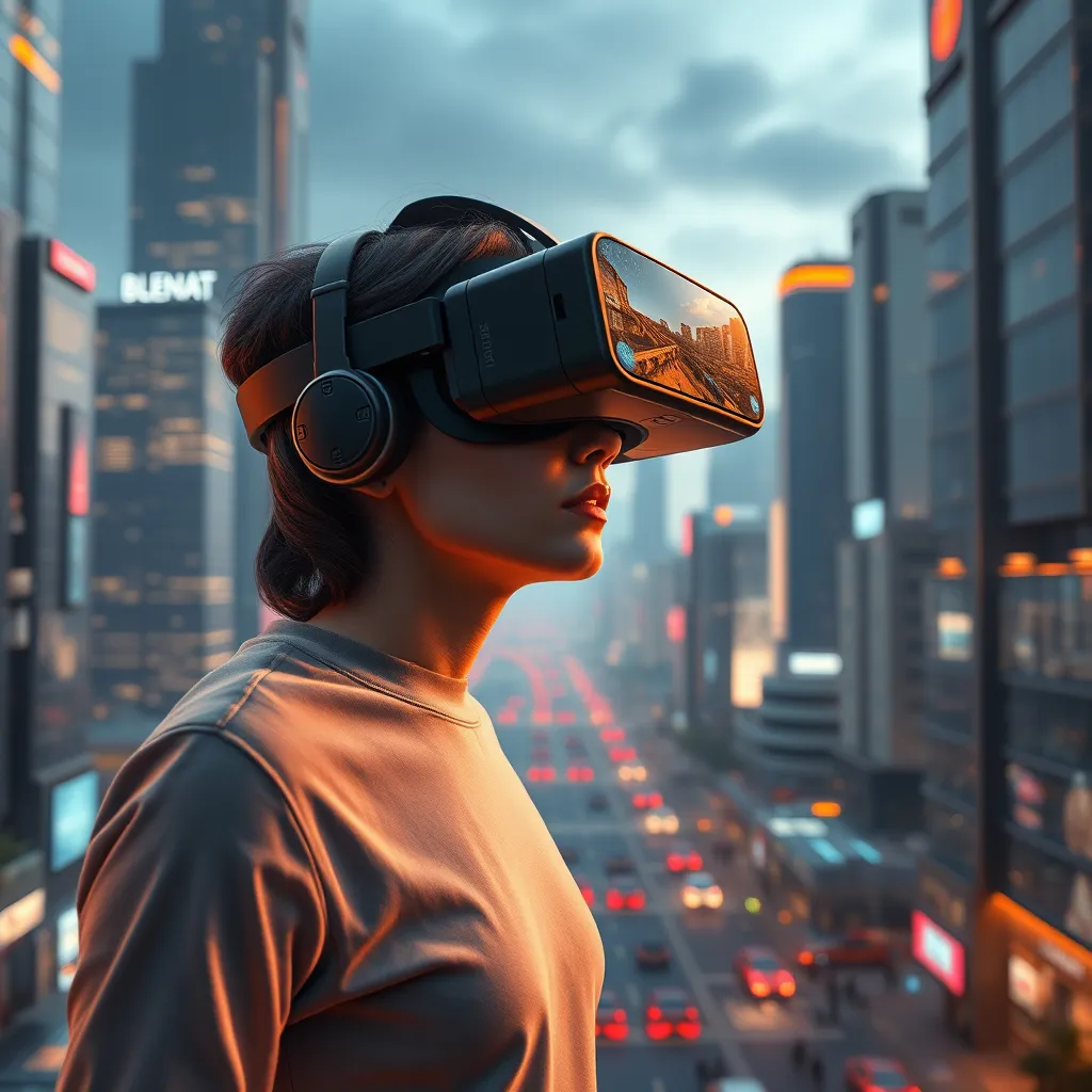 A futuristic cityscape with a person wearing virtual reality goggles, immersed in a 3D environment where they are interacting with a virtual world. The scene should showcase a mix of real-world and digital elements, highlighting the transformative potential of Blenat's technology.