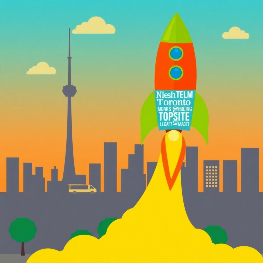 A graphic illustration showcasing a rocket launching upwards, representing Kanko West's website rising in search engine rankings. The rocket trail is composed of keywords related to plumbing and heating. The background features a stylized cityscape of Toronto. The color palette includes blues, greens, and oranges, conveying growth and success.