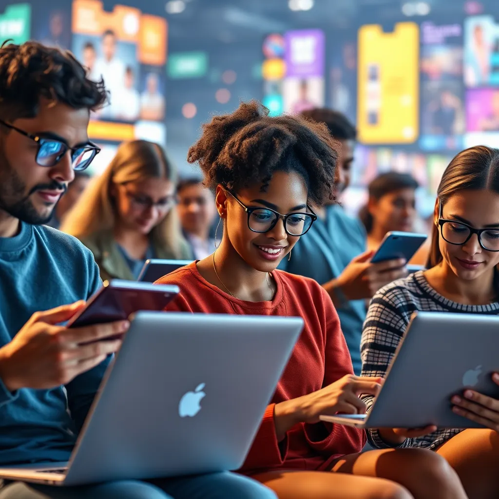A group of diverse individuals using various custom-designed apps on their laptops and tablets.  Each person should be engaged with their respective apps, reflecting their unique needs and interests.  The background should be a dynamic and colorful environment representing the vast digital world.