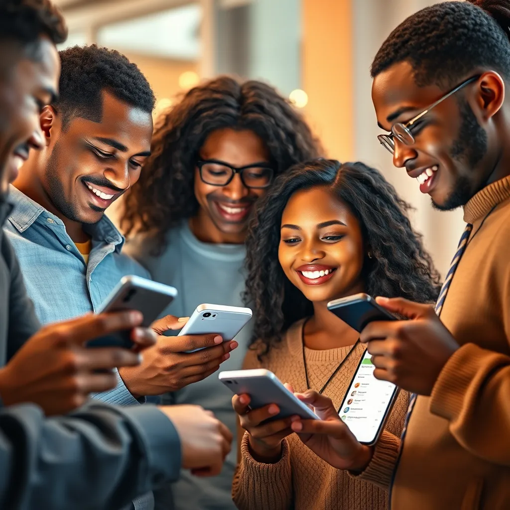 A group of diverse people interacting with a mobile app on their smartphones. The app interface should be clean and user-friendly, showcasing features like personalized recommendations, seamless communication, and easy access to services. The image should capture a sense of positive customer interaction and engagement.