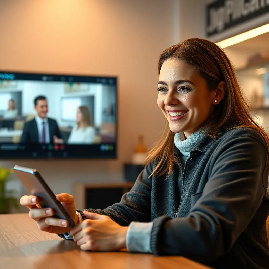 A happy customer interacting with a mobile app on their phone while using a chatbot for quick assistance. The chatbot is displayed as a friendly virtual assistant with a human-like face. The background shows a website and video app playing in the background, emphasizing a unified experience.