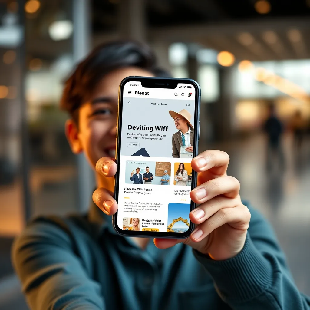A hyperrealistic image of a person smiling and holding a smartphone displaying a beautiful website they just built using the Blenat AI Website Builder. The website should be visually appealing and engaging, showcasing various design elements, text, images, and interactive features. The smartphone should be positioned against a blurred background of a modern, urban setting, conveying a sense of innovation and accessibility. The lighting should be natural and warm, casting soft shadows on the person and the phone. The image should have a positive and empowering vibe, reflecting the ease and creativity of the website builder. The camera angle should be slightly tilted, emphasizing the person's interaction with the phone and the website.