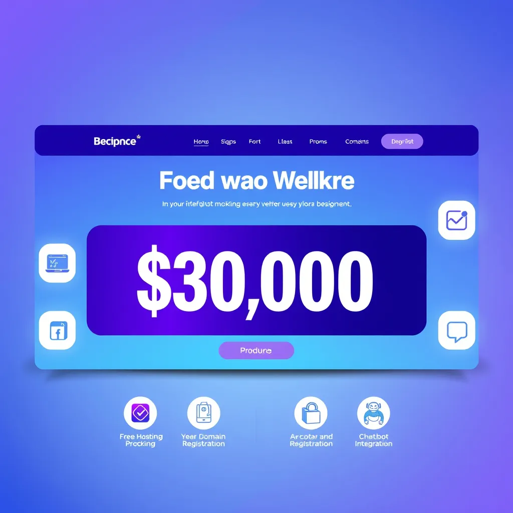 A modern, clean website design mockup with a big banner displaying the promotion price of $30,000, surrounded by icons representing various features like free hosting, domain registration, and chatbot integration. The background should be a gradient of blue and purple, conveying a sense of technology and innovation.