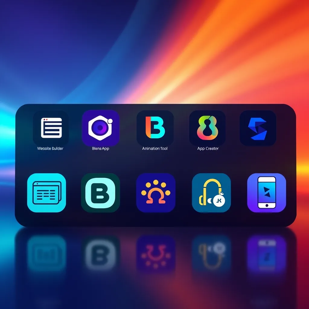 A modern, sleek interface showcasing a variety of app icons, each representing a different Blenat app like a website builder, animation tool, and mobile app creator. The background should be a vibrant gradient with a futuristic feel, highlighting the innovative nature of the apps.