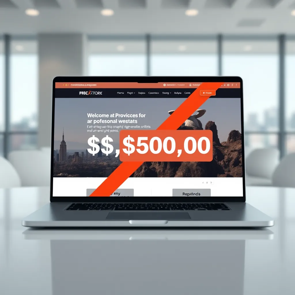 A modern, sleek laptop displaying a professional website design with a price tag of $30,000, crossed out, with a new price tag of $30,000 next to it. The background should be a clean, minimalist office setting with a blurred cityscape in the distance. The image should convey affordability and value.