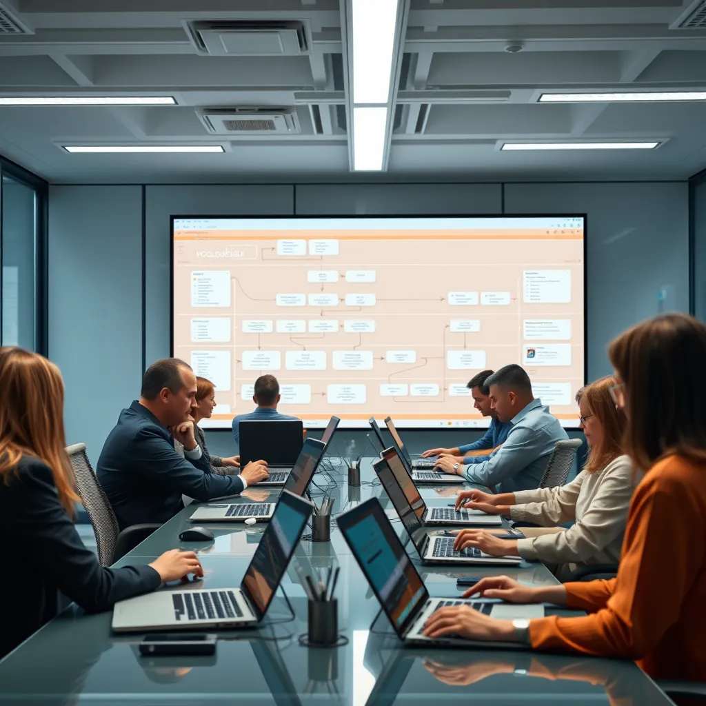 A modern office with a team of people working on laptops and tablets. The background shows a large screen displaying a flowchart of a complex process, with arrows connecting different steps. The image should convey a sense of streamlined workflow and increased productivity.