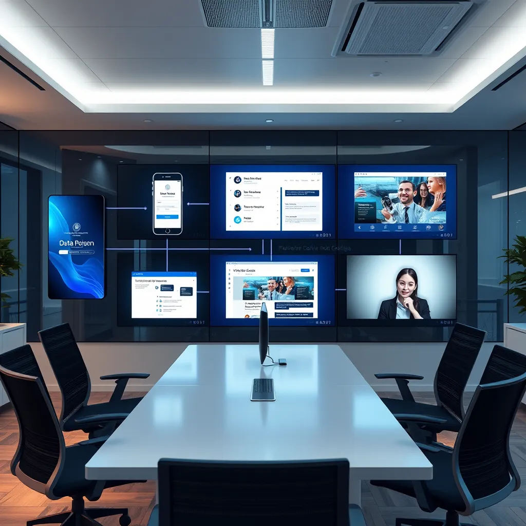A modern office with multiple screens displaying a mobile app, a chatbot interface, a website, and a video app. The screens are connected by lines representing data flow. The overall feel should be sleek and futuristic.