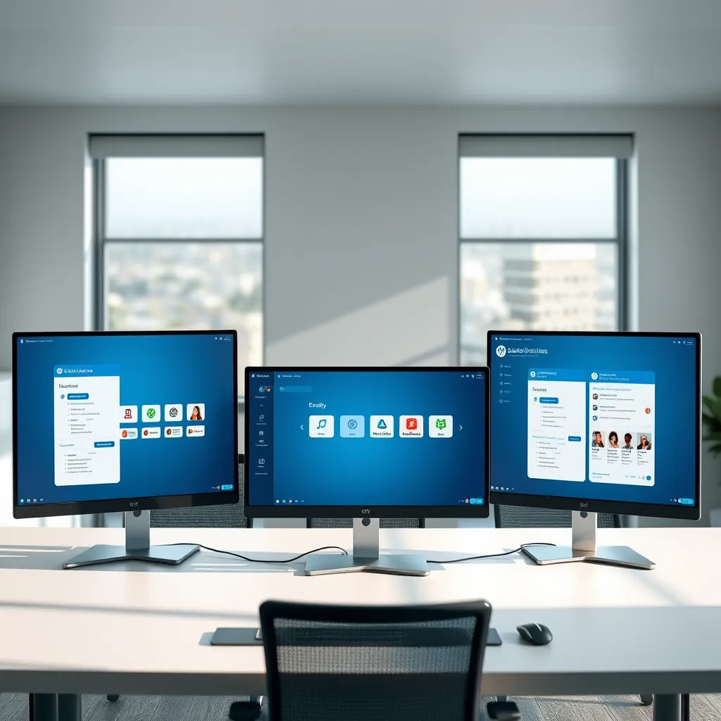 A modern office workspace with multiple monitors displaying different apps, showcasing the integration of various features.  The apps should have a clean, professional design and be visually appealing. The background should be a minimalist office with natural lighting.