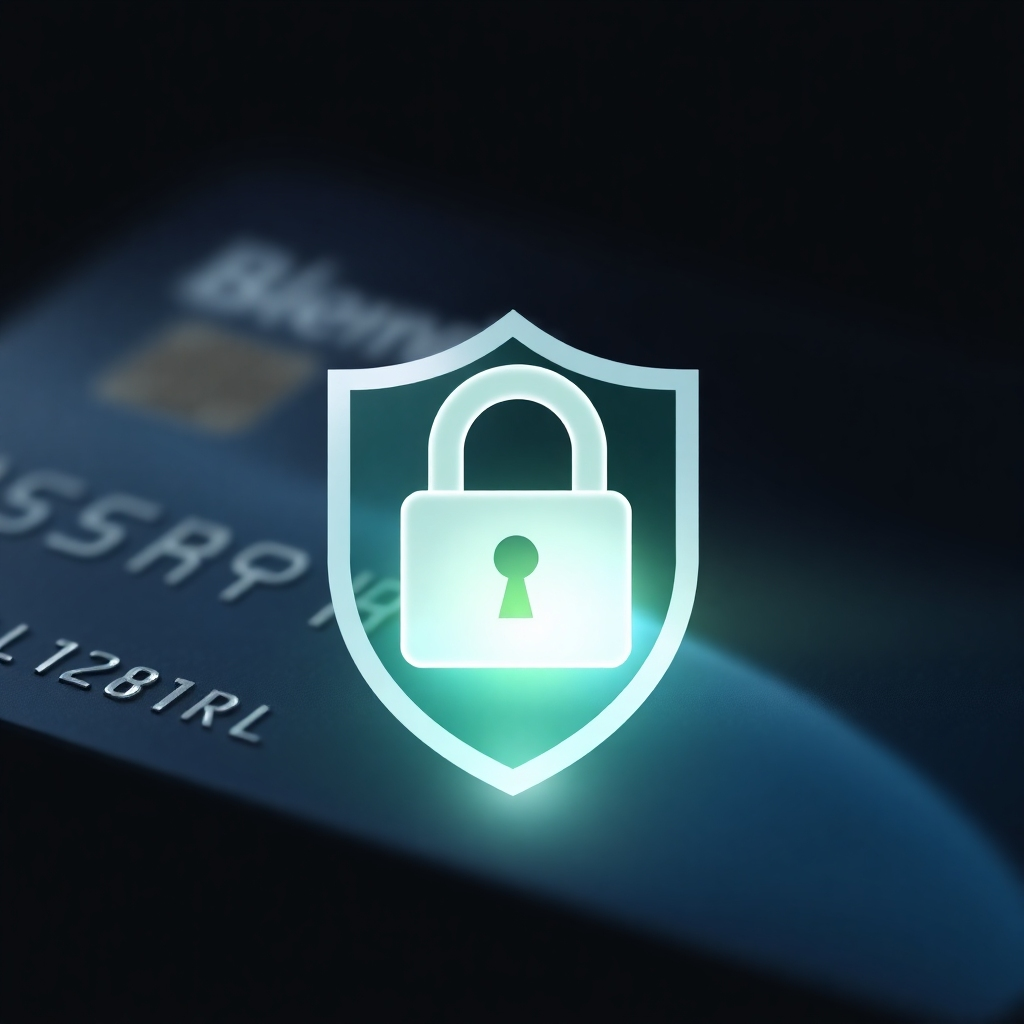 A padlock icon superimposed on a credit card, representing secure online transactions. The padlock is glowing and protected by a shield, symbolizing safety and security. The overall message is that Blenat prioritizes the security of its customers' financial information.