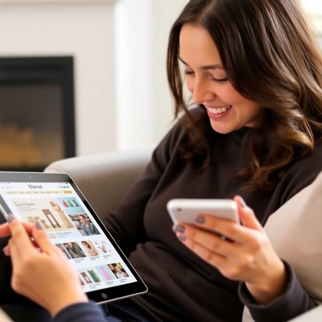 A person happily browsing the Blenat website on a tablet. The screen is clear and vibrant, showcasing the user-friendly interface and diverse product range. The person is relaxed and smiling, conveying the ease and enjoyment of the shopping experience. The environment is comfortable and inviting, suggesting a pleasant online shopping session.
