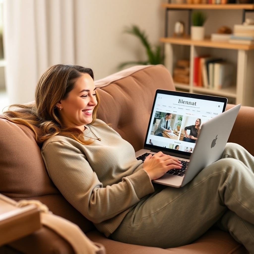 A person relaxing on a couch at home, comfortably browsing the Blenat website on a laptop. The environment is cozy and inviting, emphasizing the convenience of online shopping. The person is smiling and engaged, conveying the ease and enjoyment of the experience.