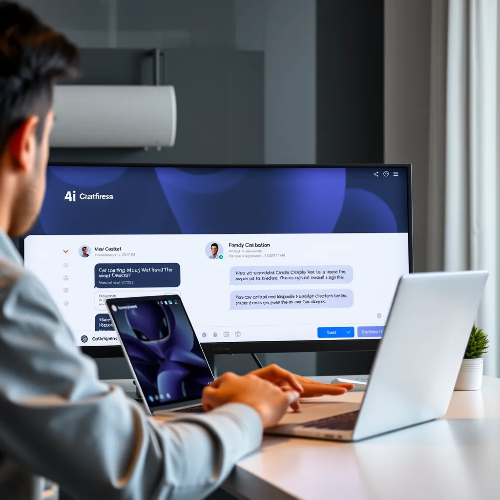 A person sitting at a desk using a laptop, with a large screen displaying a website. The screen shows a chat box with a friendly AI chatbot interacting with the user. The image should convey the ease of use and benefits of having a chatbot on the website, highlighting the seamless integration of technology and customer service.