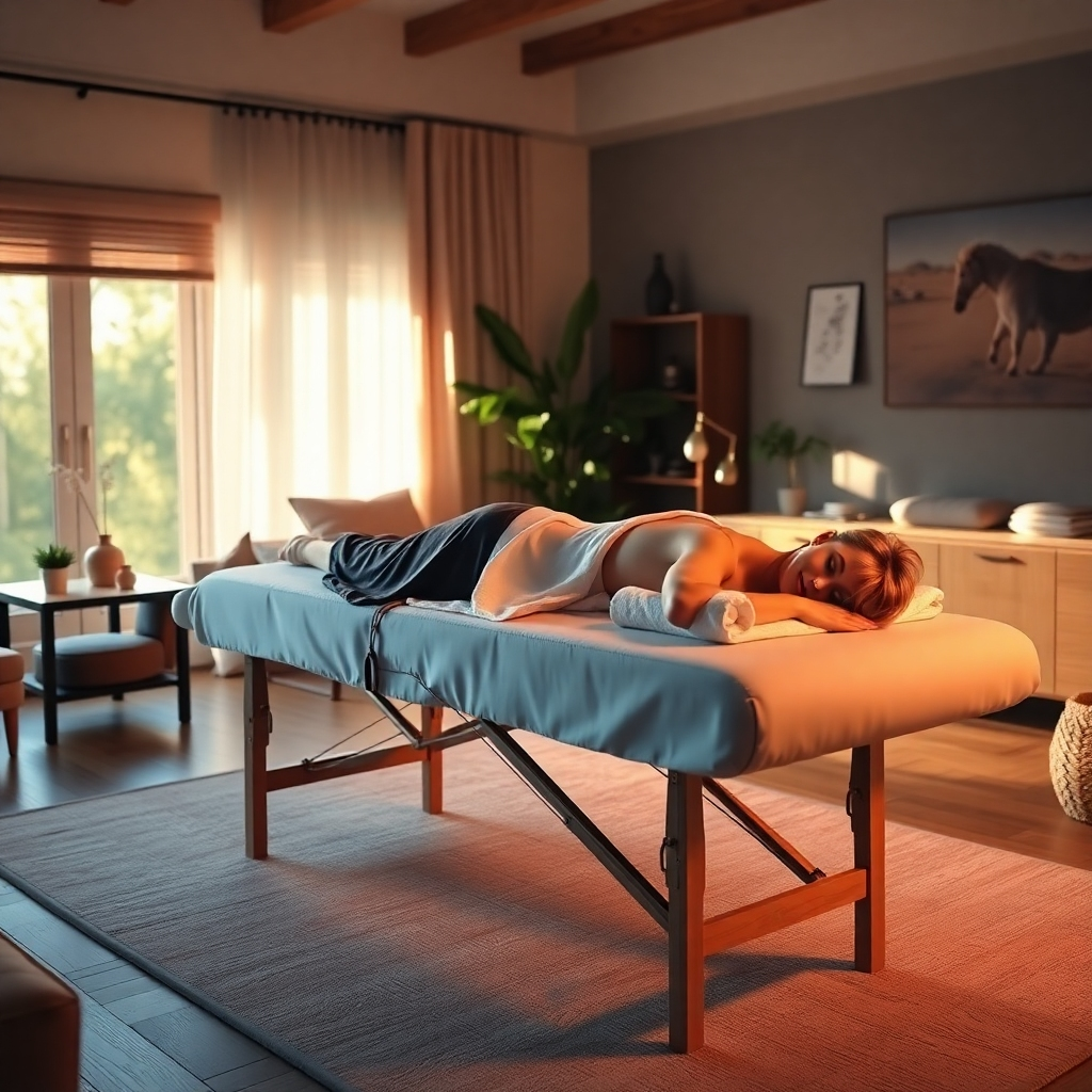 A photorealistic image depicting a relaxing mobile massage session. A client is lying comfortably on a massage table in their living room, peacefully receiving a massage. Soft, natural light fills the room, casting a warm glow on the scene.  The image should evoke a sense of tranquility and emphasize the comfort and intimacy of the mobile massage experience. High-resolution, warm color palette.