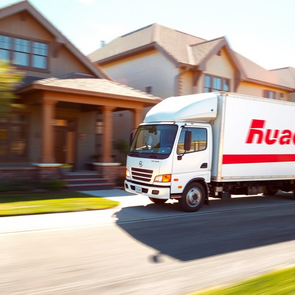 A photorealistic image depicting a delivery truck arriving at a house, with a focus on speed and efficiency. Bright lighting and clear visuals should convey a feeling of swiftness and dependability.