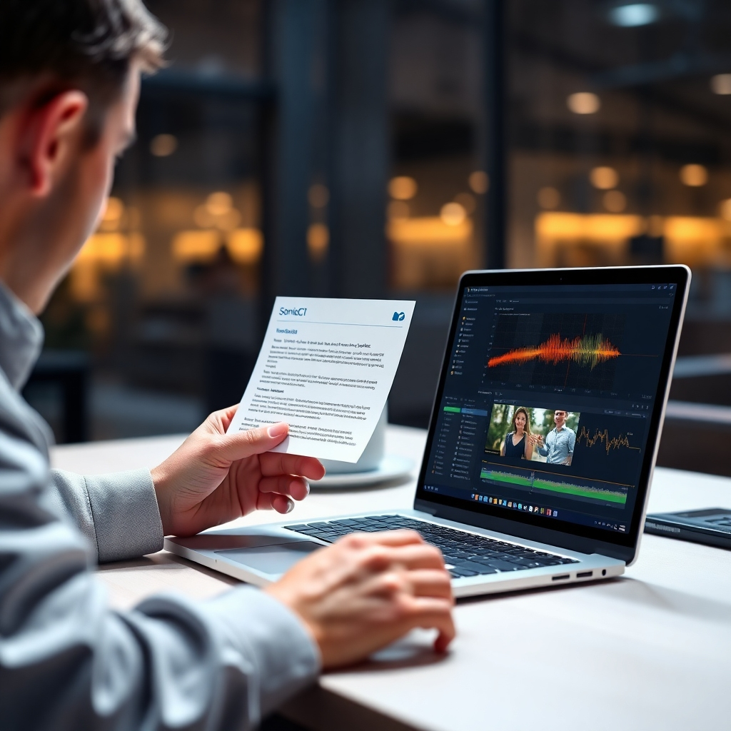 A photorealistic image depicting a fast and efficient workflow using SonicScribe.  Show a person effortlessly uploading a script, quickly generating a voiceover, and then immediately downloading or embedding the finished audio into a video editing software. The overall aesthetic is sleek and fast-paced.