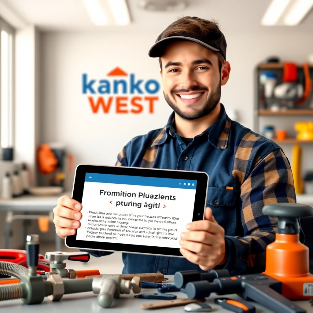 A photorealistic image depicting a friendly technician writing on a tablet while surrounded by plumbing tools and equipment. The tablet displays a blog post title related to common plumbing issues. The background is a well-lit office space with the Kanko West logo prominently displayed. The color palette is warm and inviting, conveying expertise and approachability.