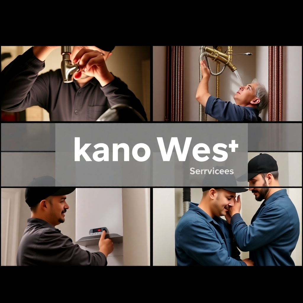 A photorealistic image montage featuring snippets of Kanko West's various services: a technician repairing a leaky faucet, installing a new water heater, and performing routine furnace maintenance. The images are neatly arranged in a grid format. Soft lighting highlights the professionalism and skill of the technicians. The color palette is warm and inviting, conveying a sense of trust and competence. The image should be highly detailed and realistic.