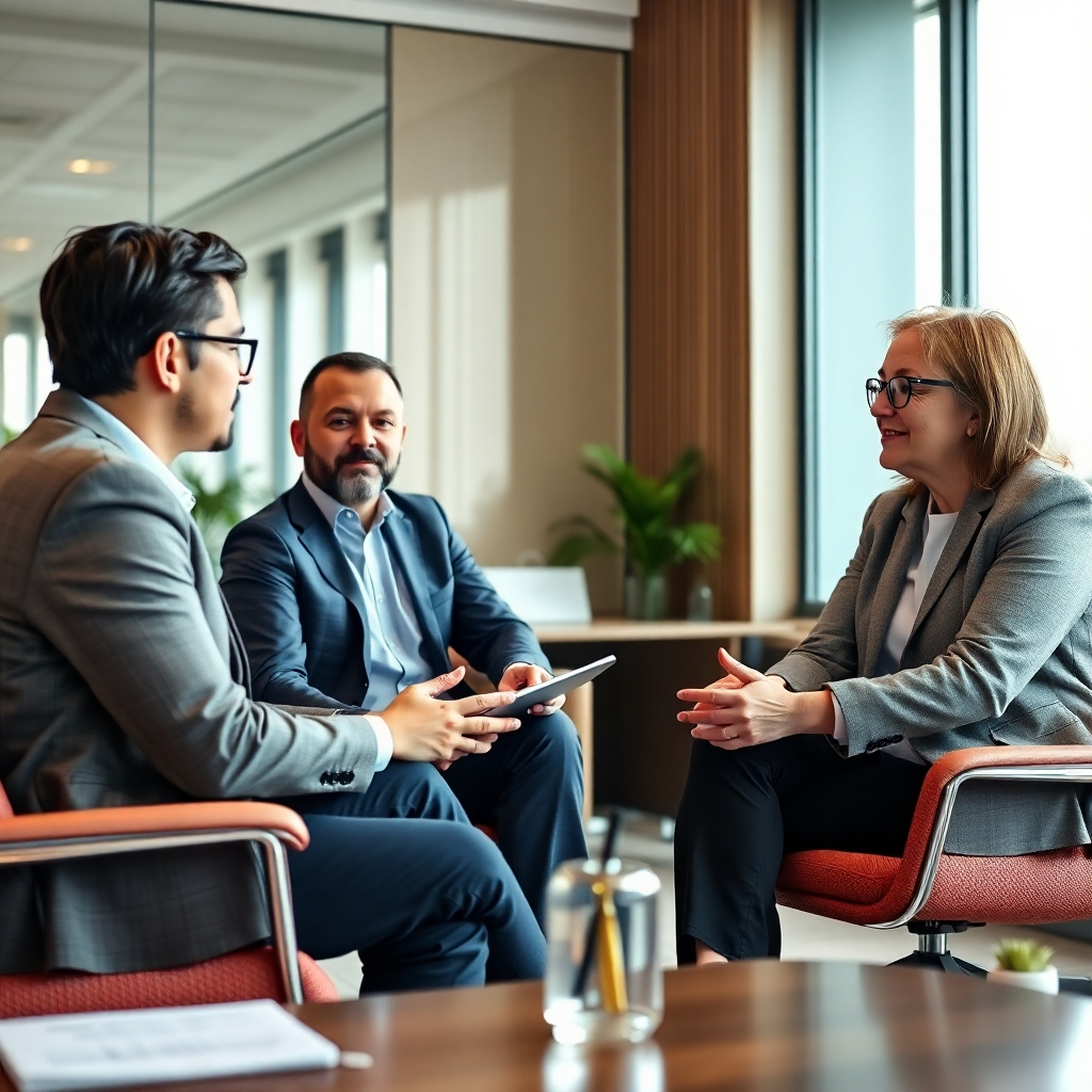 A photorealistic image of a Blenat AI Tools consultant meeting with business clients, actively listening and engaging in a collaborative discussion. The setting should be a modern, professional office space. The color palette should be warm and inviting, with natural lighting. The image should emphasize trust and communication. The camera angle should be slightly below eye level, highlighting the client's engaged expressions. Focus on capturing the consultants' attentive posture and the clients' comfort.
