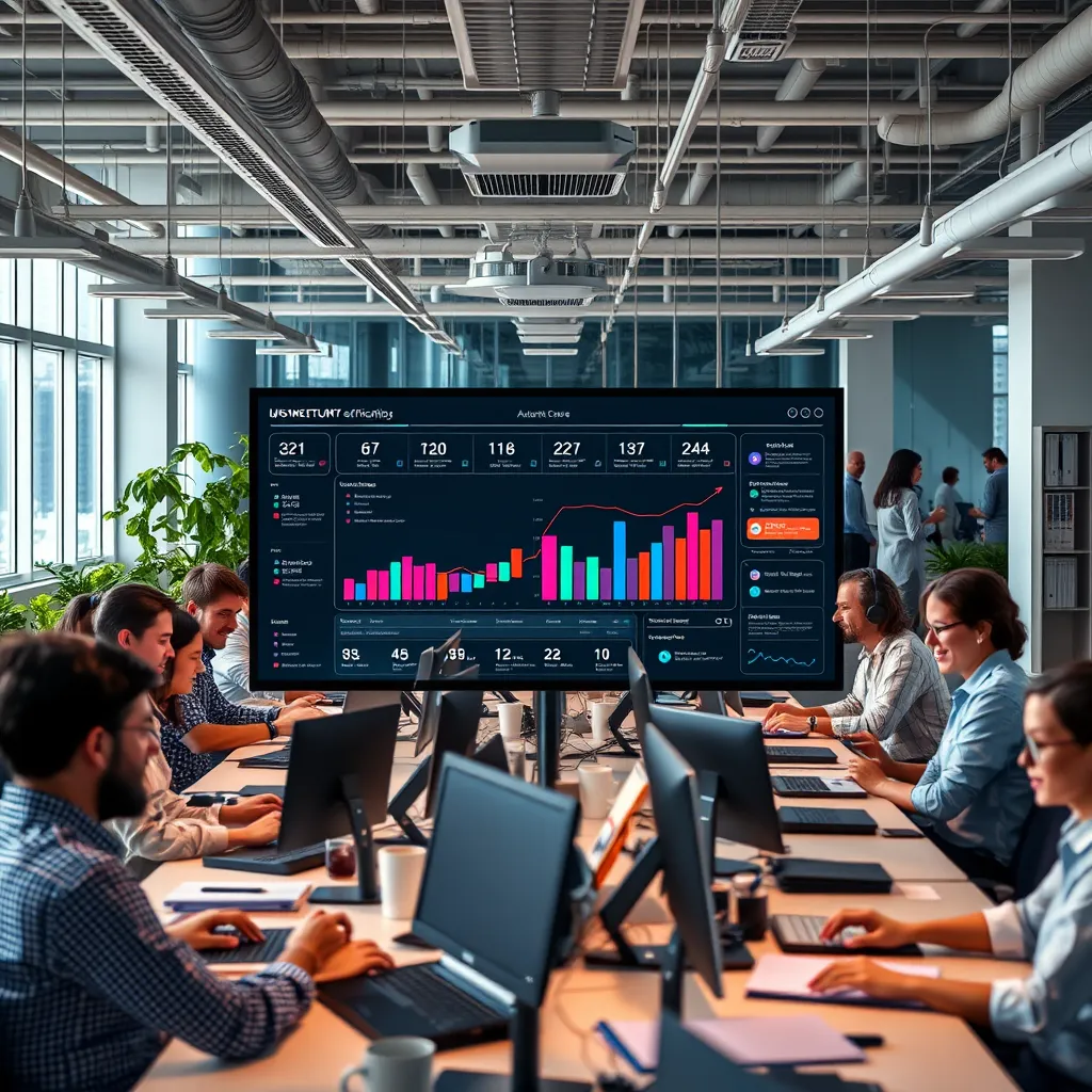A photorealistic image of a bustling office environment with happy employees working on various tasks, with a central dashboard showing automated workflows and streamlined processes, symbolizing enhanced efficiency.
