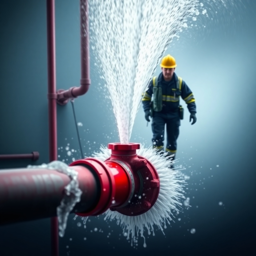 A photorealistic image of a burst pipe spraying water, with a Kanko West Inc. technician arriving on the scene, prepared to address the emergency. The image should convey urgency and professionalism. The color palette should be primarily blues and grays, with a splash of red to highlight the emergency.