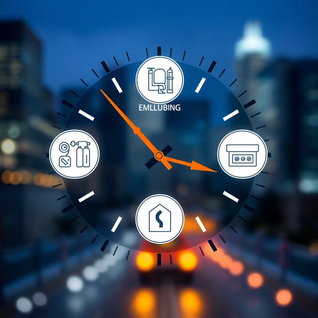 A photorealistic image of a clock face with plumbing and heating icons integrated into its design. The hands of the clock point to various service options (e.g., emergency repair, routine maintenance). The background is a blurred cityscape at night, conveying a sense of urgency and availability. The color palette consists of blues, grays, and oranges, representing dependability and responsiveness.